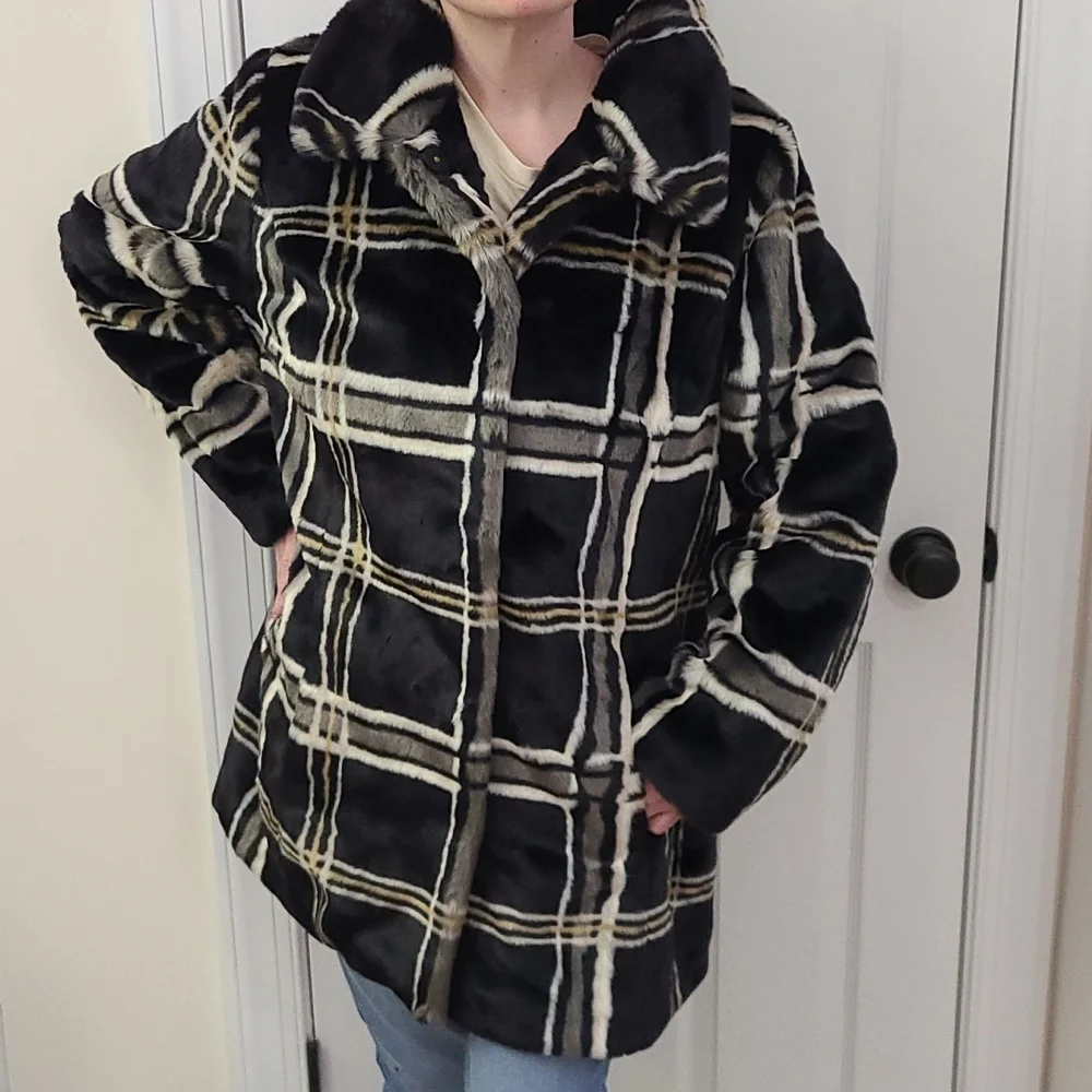 ISAAC MIZRAHI LIVE Faux Fur Dress Coat plaid, long Sz L - Picture 2 of 8